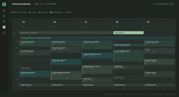 Illustrative weekly calendar showing protected blocks, buffers, team availability and a deadline