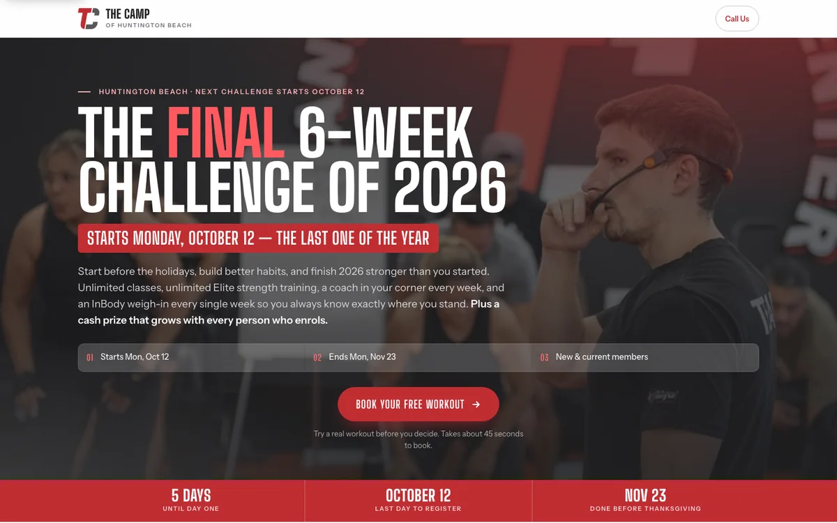 The Camp Huntington Beach 6-Week Challenge landing page