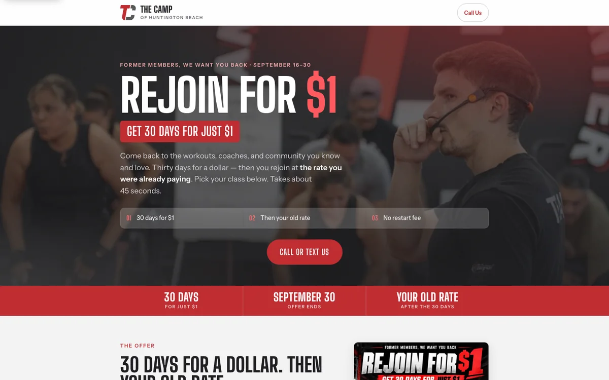 The Camp Huntington Beach Rejoin for $1 landing page