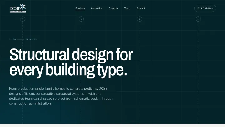 DCSE services page laid out like a numbered drawing sheet